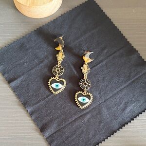 Gold and Black Evil Eye Dangle Earrings